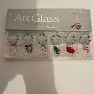 LS Arts Hand Crafted Art Glass Wine Charms Set of 6 Holiday